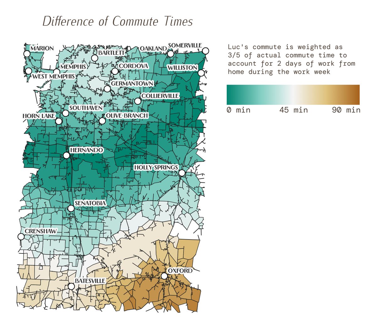 LucRSquared's tweet photo. My future wife works in Memphis, TN and I in Oxford, MS. I decided to create isochrone maps of commute times for both of us and compute the difference to narrow down where we want to get our new place! (Greener is better)
#map #python #gischat #OpenStreetMap #osmnx https://t.co/u4YKqayqfk