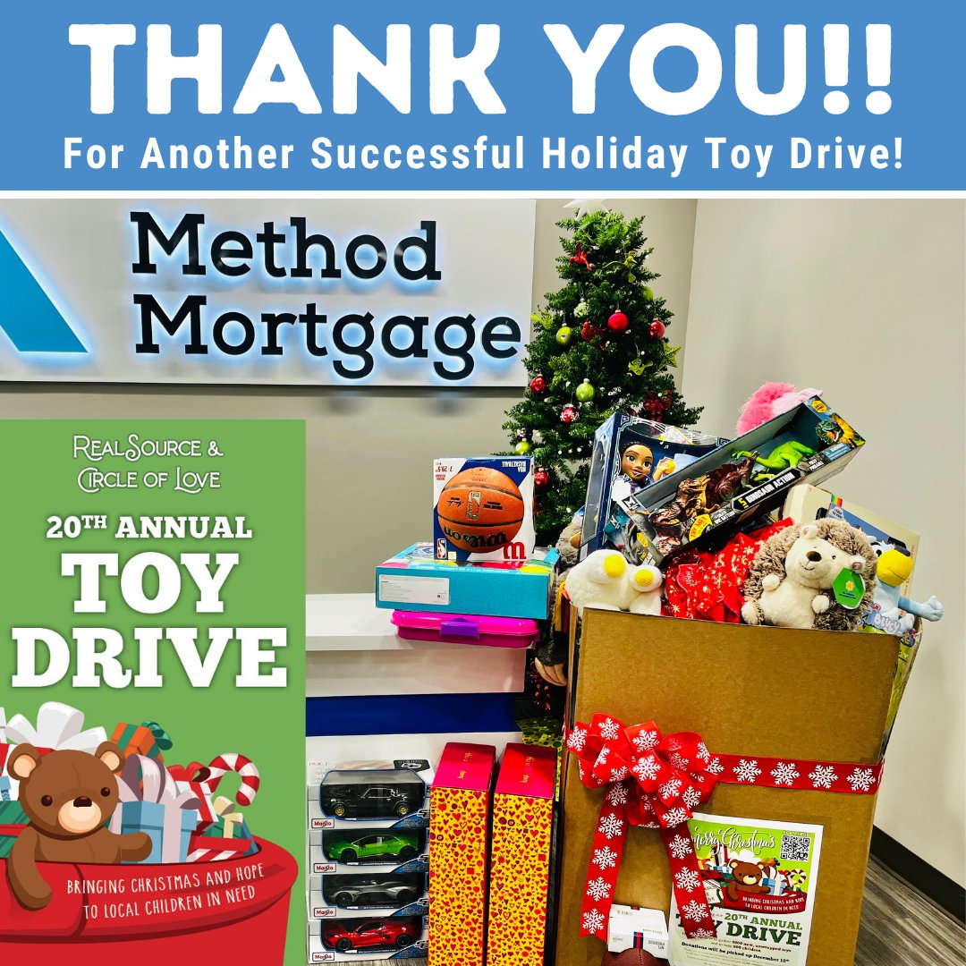 methodmortgage's tweet photo. Thanks to everyone who supported this year’s Toy Drive at our office! With your help, we were able to give joy to children in our area who would have otherwise gone without opening gifts on Christmas morning🎄 https://t.co/gEcFhs2pQZ