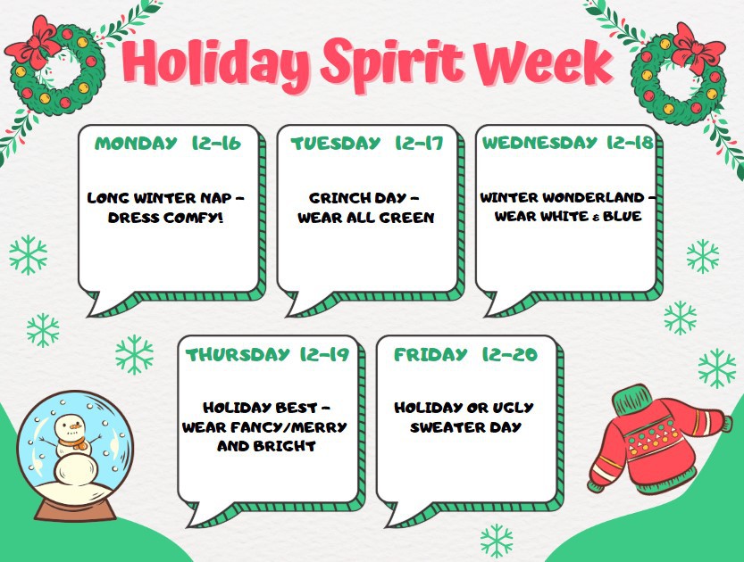 Fun-filled spirit wear days ahead brought to us by Wasco Spirit Club.  Participation optional.