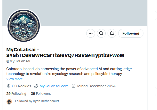 MitumbaJoh's tweet photo. MYco Labs Ai , Registered Ai Lab in Colorado with leading research into DESCI AI tech

Dev is @RyanBethencourt 

They posted CA in their twitter name, very early DYOR but this looks huge

8YSbTC6RBWRCSrTb96VQ7H8V8eTryptb3FWoMn6ppump https://t.co/igWG2xrwXb