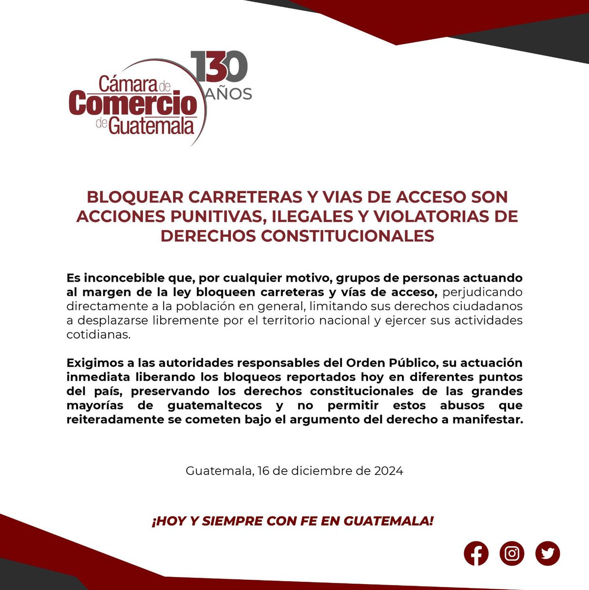 EmisorasUnidas's tweet photo. #AHORA @CamComercioGT se pronuncia ante bloqueos en carreteras registrados este lunes, acciones que califica de "punitivas, ilegales y violatorias de derechos constitucionales" | Vía Ángel Oliva https://t.co/5bgE9S6ywS