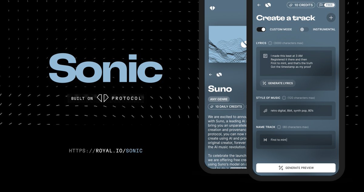 Meet our newest experiment.

Turn words into songs instantly with @sunomusic on Sonic, tokenize them and register provenance onchain.

Test the prototype now with free credits: royal.io/sonic/en/model…