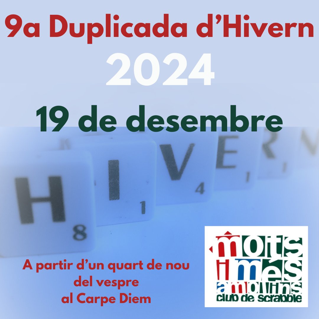 Ep, dijous hi tornem, però aquest cop amb la 9a Duplicada d'Hivern del MiMaM!

#scrabbleencatalà
#scrabble
#molinsderei
#cultura