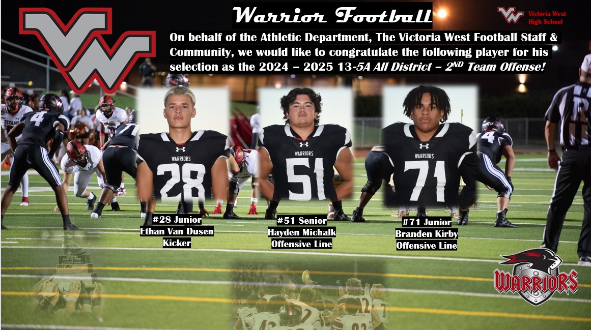 Victoria West HS Football (@vwhsfootball) on Twitter photo Congratulations to all of 13-5A All District and to our <a href="/VictoriaWestHS/">Victoria West High School</a> 1st & 2nd Team 13-5A All District recipients!  #FEARLESS <a href="/advosports/">AdvoSports</a> Congratulations to all of 13-5A All District and to our <a href="/VictoriaWestHS/">Victoria West High School</a> 1st & 2nd Team 13-5A All District recipients!  #FEARLESS <a href="/advosports/">AdvoSports</a>