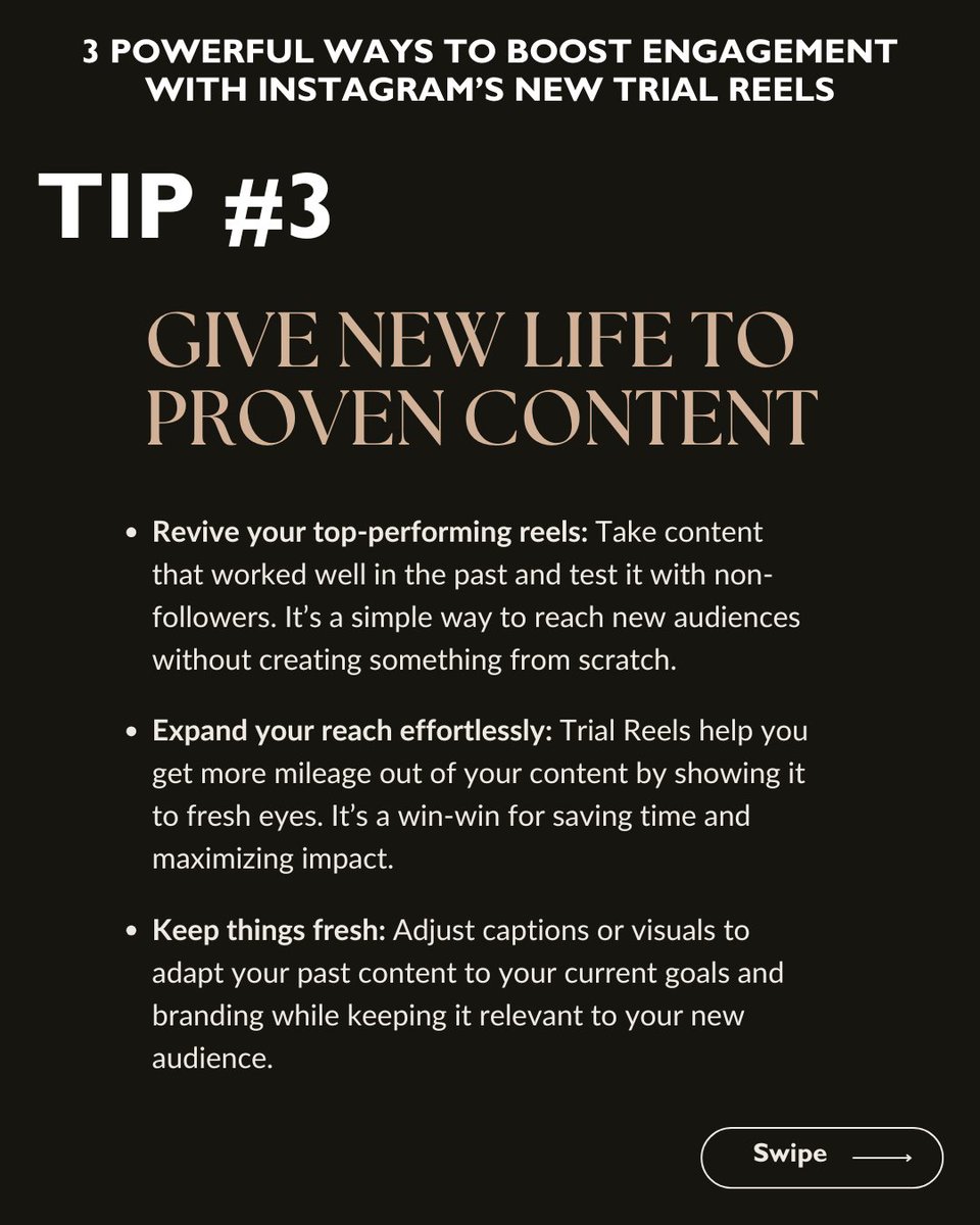 AgataReilly's tweet photo. 🚀 3 powerful ways to use Instagram Trial Reels to level up your content:

1️⃣ Test content privately with non-followers.
2️⃣ A/B test hooks, captions, and visuals.
3️⃣ Repurpose proven Reels for fresh audiences.

Which tip will you try first? Share your thoughts 👇 https://t.co/WctsU3N6KA