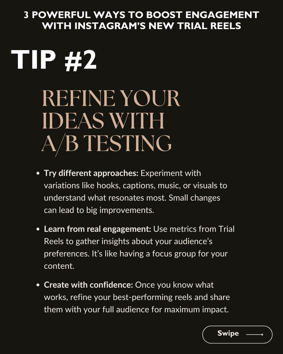 AgataReilly's tweet photo. 🚀 3 powerful ways to use Instagram Trial Reels to level up your content:

1️⃣ Test content privately with non-followers.
2️⃣ A/B test hooks, captions, and visuals.
3️⃣ Repurpose proven Reels for fresh audiences.

Which tip will you try first? Share your thoughts 👇 https://t.co/WctsU3N6KA