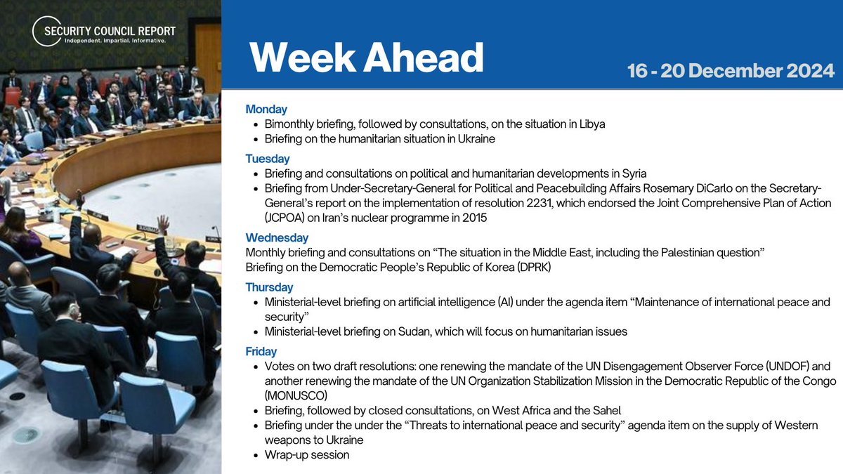 SCRtweets's tweet photo. This week at the #UNSC | 📨 Subscribe: https://t.co/9utjwg3gWd
🔷 Libya: bimonthly briefing and consultations
🔷 #Ukraine: briefings
🔷 #Syria: briefing and consultations
🔷 #Iran (#JCPOA): briefing
🔷 #MEPQ: monthly briefing and consultations
🔷 #DPRK: briefing
🔷 #AI: ministerial-level briefing
🔷 #Sudan: ministerial-level briefing
🔷 @UN_UNOWAS: briefing and consultations
📝 Mandate renewals: @UNDOF and @MONUSCO