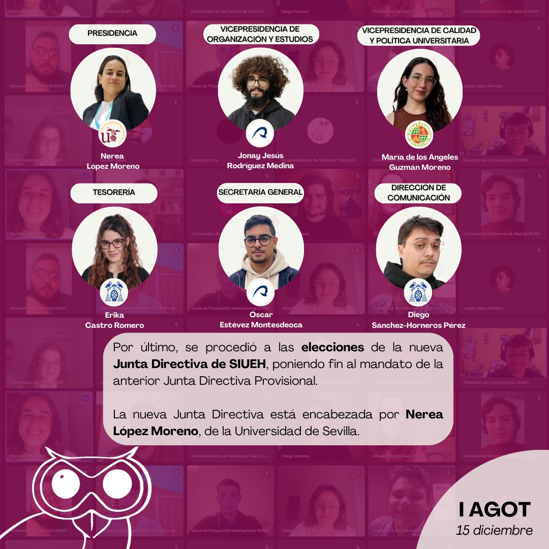 SIUEHUM's tweet photo. 🗳️ Así, comienza el mandato de la nueva Junta Directiva encabezada por Nerea López Moreno.

🦉✨ https://t.co/YdDVM1LvjT