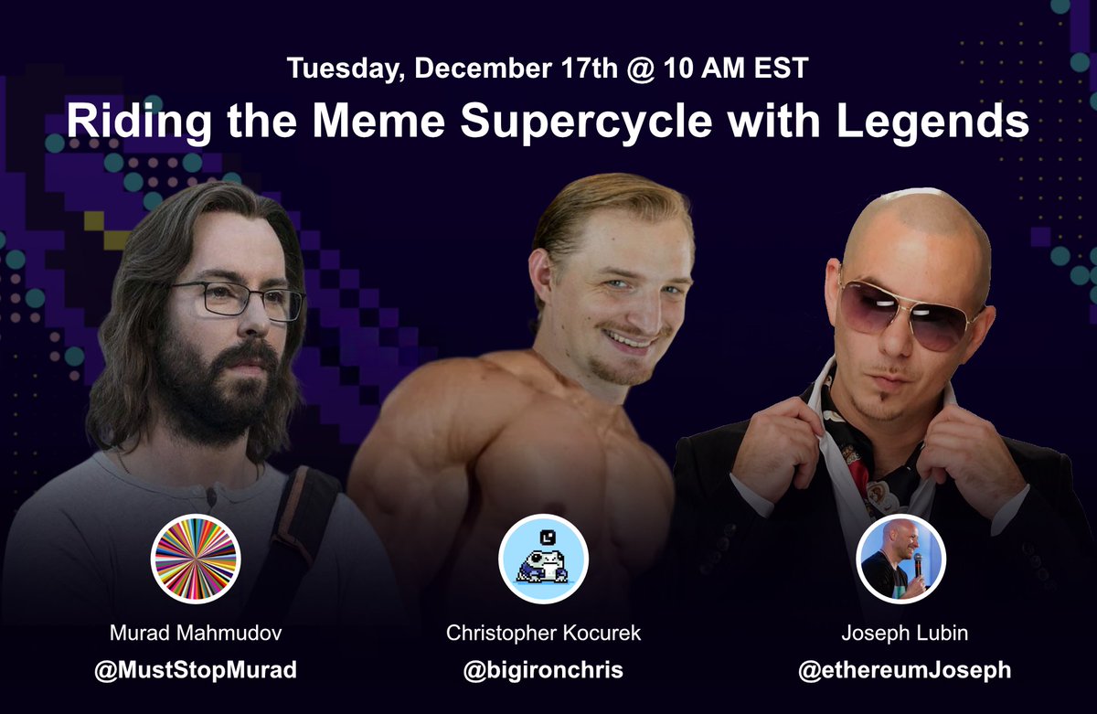 MaxGainsSZN's tweet photo. This may not be what we all came for, but it’s why we’re here. Memecoins. 

 Tomorrow, Dec 17th at 10 AM EST we go live with @ethereumJoseph, @MustStopMurad, @bigironchris, and maybe some other people of lesser net worths, to discuss Riding the Meme Supercycle. https://t.co/qMdLF9PSZl