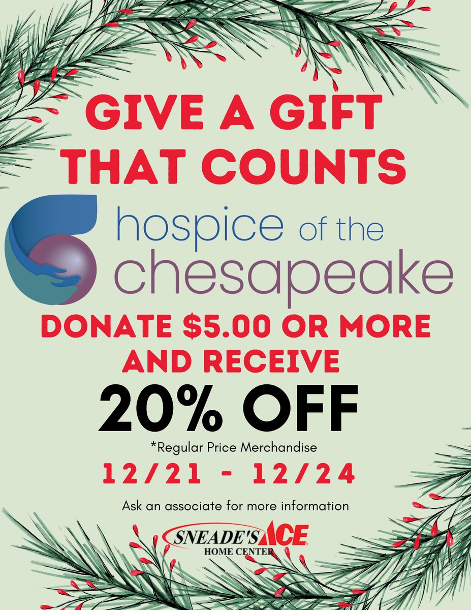 When you give to
<a href="/HospChesapeake/">Hospice of the Chesapeake</a> at <a href="/sneadesace/">sneadesace</a> they give back to you, too! Shop at Sneade's Calvert County locations Dec. 21 through Dec. 24. While you're there, make a donation of $5 or more to us and you'll get 20% off all regularly priced merchandise! #feelgoodshopping
