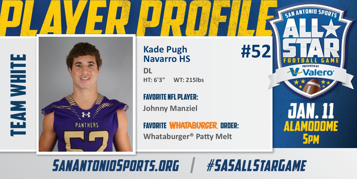 San Antonio Sports (@sa_sports) on Twitter photo Meet <a href="/kade_pugh/">Kade Pugh</a> from @NISD_Football who will compete in the San Antonio Sports All-Star Football Game pres. by <a href="/ValeroEnergy/">Valero</a> at the Alamodome on Jan. 11! #SASAllStarGame <a href="/Whataburger/">Whataburger®</a> <a href="/JManziel2/">Johnny Manziel</a>
<a href="/NavarroISD/">Navarro ISD</a>
<a href="/Viks_Athletics/">Austin Navarro HS Athletics</a>
<a href="/Coach_RodBlount/">Rod Blount</a> Meet <a href="/kade_pugh/">Kade Pugh</a> from @NISD_Football who will compete in the San Antonio Sports All-Star Football Game pres. by <a href="/ValeroEnergy/">Valero</a> at the Alamodome on Jan. 11! #SASAllStarGame <a href="/Whataburger/">Whataburger®</a> <a href="/JManziel2/">Johnny Manziel</a>
<a href="/NavarroISD/">Navarro ISD</a>
<a href="/Viks_Athletics/">Austin Navarro HS Athletics</a>
<a href="/Coach_RodBlount/">Rod Blount</a>