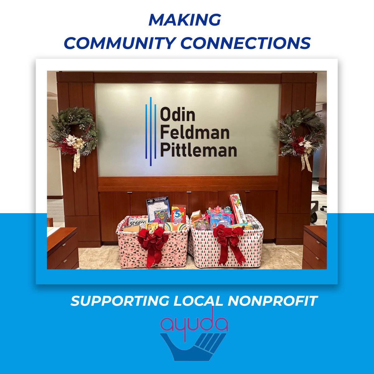 OFPLaw's tweet photo. OFP came together to make a difference in our community this holiday season. Our generous attorneys and staff donated new toys and winter clothing to Ayuda, a local nonprofit that provides legal, social, and language services to help low-income individuals build better lives. https://t.co/VoDH063JoI