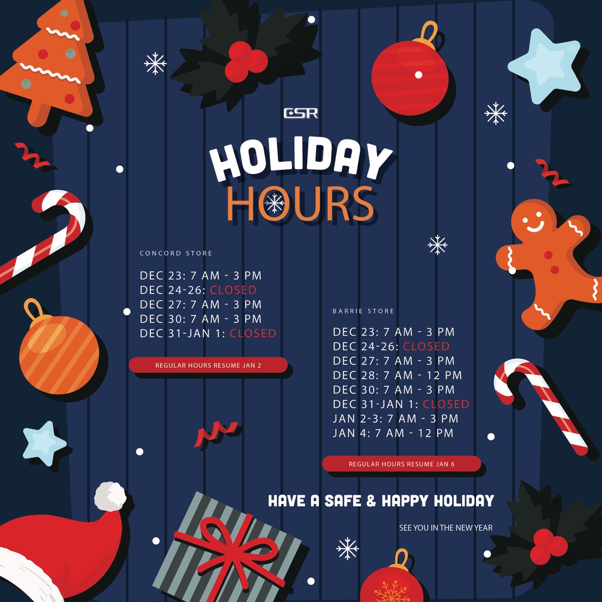 CSRBUILDING's tweet photo. Our Holiday hours are here! For more details visit the news page on our website https://t.co/TGHCYI1dvD ❄️ 

#holiday #holidayhours #christmas #newyear #happyholidays https://t.co/Kpz1yQin3g