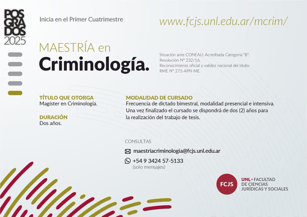 📢 Maestría en Criminología

📌 Se encuentra abierta la inscripción a la Maestría en Criminología, que iniciará su dictado en el primer cuatrimestre de 2025. La modalidad será presencial e intensiva, con frecuencia de cursado bimestral.