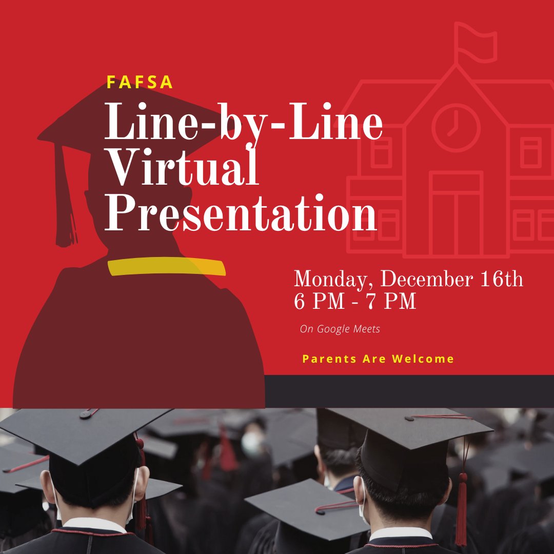 AgouraHS's tweet photo. The College &amp; Career Center will be hosting a FAFSA Line-by-Line Virtual presentation for Seniors (parents are welcome to join) on Monday, December 16, 6—7 PM. Join the Google Meets - see link in bio.  #lvusdrocks #chargeon @instagoura https://t.co/6nply4Jrwx