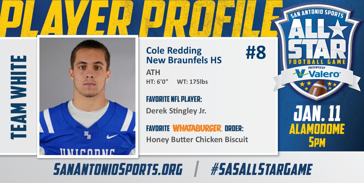 San Antonio Sports (@sa_sports) on Twitter photo Meet <a href="/coleredding/">Cole Redding</a> from <a href="/NewBraunfelsISD/">New Braunfels ISD</a> who will compete in the San Antonio Sports All-Star Football Game pres. by <a href="/ValeroEnergy/">Valero</a> at the Alamodome on Jan. 11! #SASAllStarGame <a href="/Whataburger/">Whataburger®</a> <a href="/stingjr/">Derek Stingley Jr.</a>
<a href="/NBISDAthletics/">NBUnicornAthletics</a>
<a href="/NBUnicornFB/">NB Unicorn Football</a>
<a href="/UnicornsNB/">UnicornsNB</a> Meet <a href="/coleredding/">Cole Redding</a> from <a href="/NewBraunfelsISD/">New Braunfels ISD</a> who will compete in the San Antonio Sports All-Star Football Game pres. by <a href="/ValeroEnergy/">Valero</a> at the Alamodome on Jan. 11! #SASAllStarGame <a href="/Whataburger/">Whataburger®</a> <a href="/stingjr/">Derek Stingley Jr.</a>
<a href="/NBISDAthletics/">NBUnicornAthletics</a>
<a href="/NBUnicornFB/">NB Unicorn Football</a>
<a href="/UnicornsNB/">UnicornsNB</a>