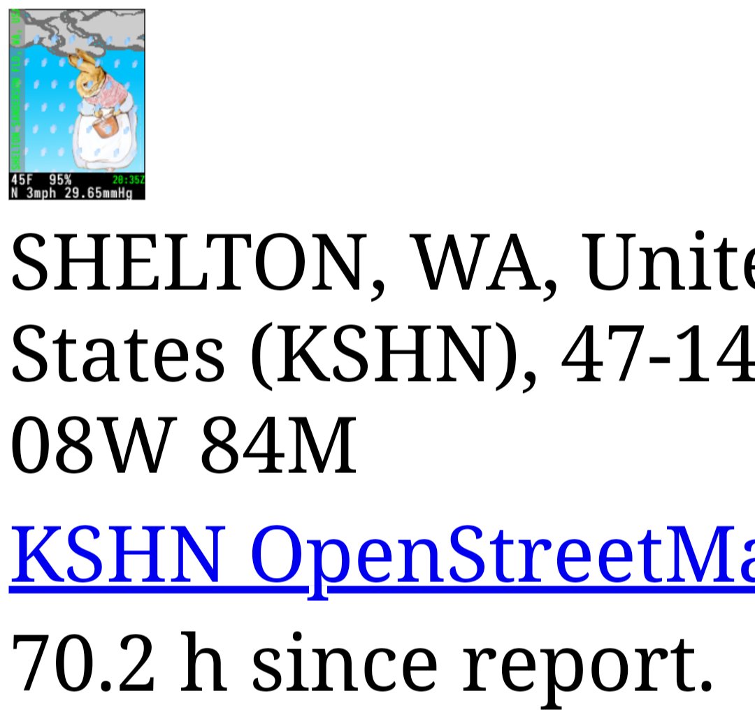 PixieReport's tweet photo. A reminder that I want to mark non-updating stations. Older than two hours isn't quite yesterday's weather, but I would like to make it more obvious on the image when it's based on old data - almost three days old here for Shelton, Washington State. https://t.co/JgVRj4oqT2