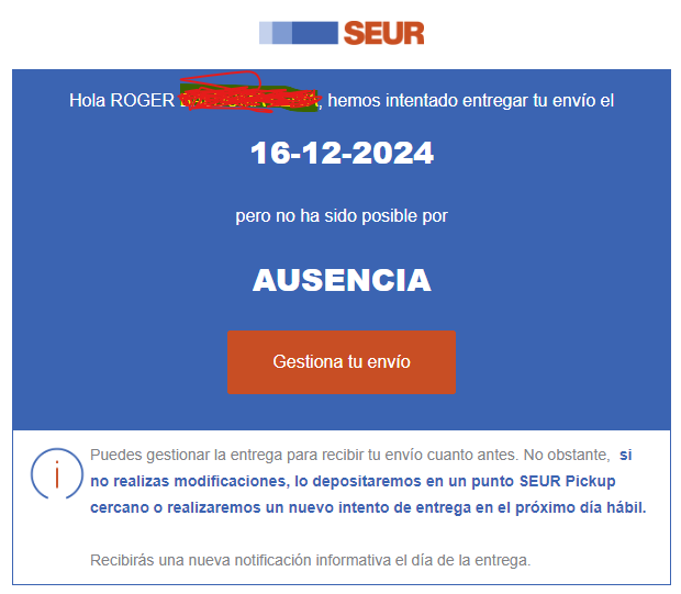 rogervadejocs's tweet photo. @IndieDevDay @SEUR @SEUR_responde Doncs serà casualitat o que @SEUR_responde @SEUR son uns estafadors perquè he estat tot el dia a casa i ara de sobte m'arriba això. Serà que els paquets grans no els volen entregar encara que hagis pagat per ells?
Haurem de denunciar a @consumcat https://t.co/1MrBbAQD03