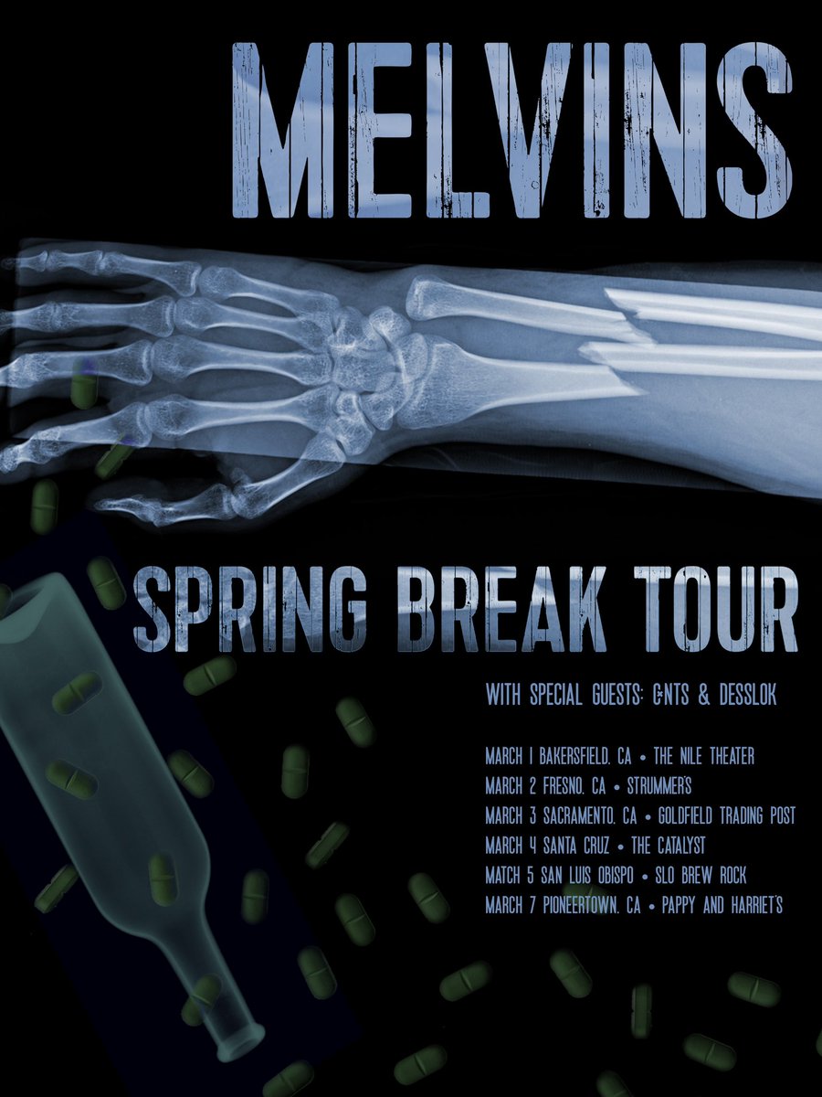 The Melvins have slated a March trek across the Golden State, with six shows across California, dubbed the “Spring Break” Tour featuring special guests CNTS and Desslok!

Tickets on-sale this Fri at 10am PST, with an artist pre-sale (code: SPRINGBREAK!) starting on Wed at 10am