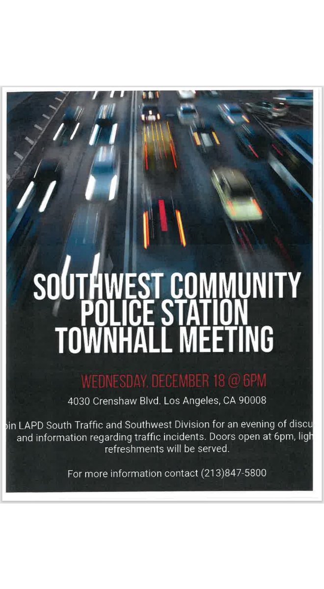 Join <a href="/LAPD_Southwest/">LAPD Southwest</a> this Wednesday for a Townhall Meeting where traffic safety will be discussed. Partners from CHP, USCDPS, and our South Traffic Division. Bring a friend for this insightful and important topic. <a href="/LAPPL/">Los Angeles Police Protective League</a>
