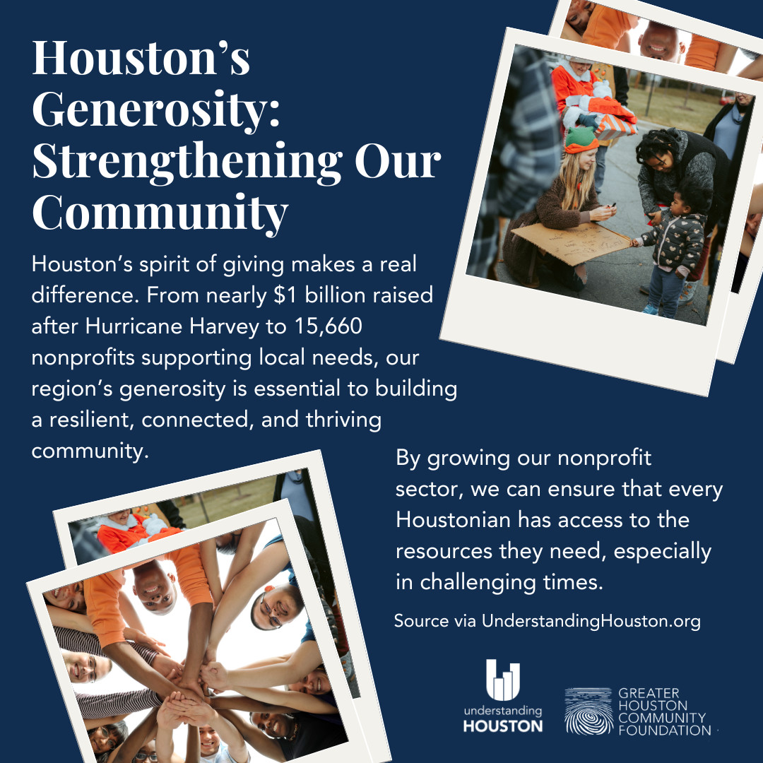 Understanding Houston (@understandhou) on Twitter photo Houstonians donate $4.4B annually, making up 25% of Texas giving. In 2019, nearly half gave to nonprofitsābeating the state avg.
After Harvey, we raised $1B. During COVID-19, 537K volunteer hours powered the Houston Food Bank.
Houston, your heart is unmatched. ā¤ļø <a href="/greaterhoucf/">Greater Houston CF</a> Houstonians donate $4.4B annually, making up 25% of Texas giving. In 2019, nearly half gave to nonprofitsābeating the state avg.
After Harvey, we raised $1B. During COVID-19, 537K volunteer hours powered the Houston Food Bank.
Houston, your heart is unmatched. ā¤ļø <a href="/greaterhoucf/">Greater Houston CF</a>