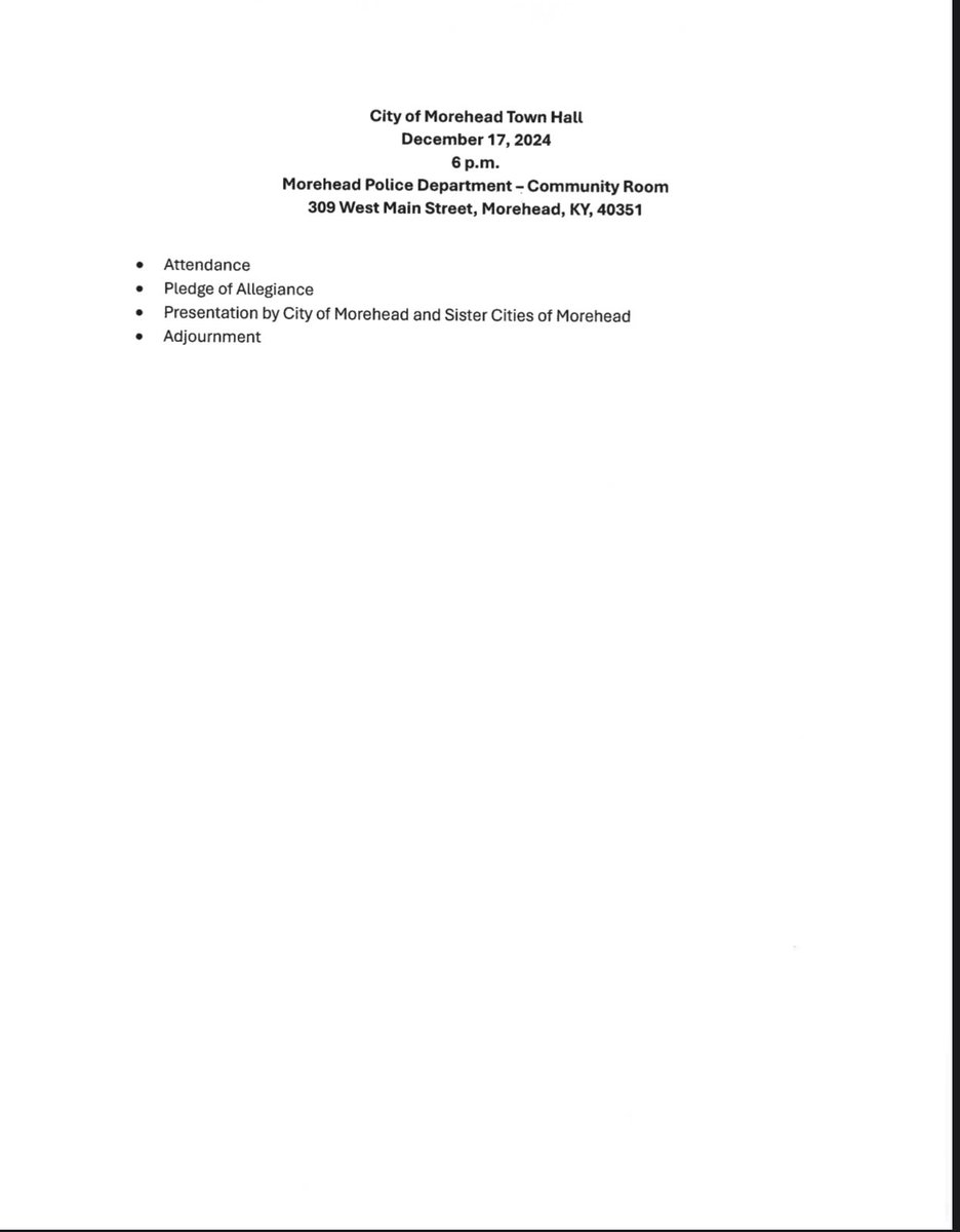 The City of Morehead will host a Town Hall tomorrow, Tuesday, December 17 at 6 pm in the Community Room of the Morehead Police Department.