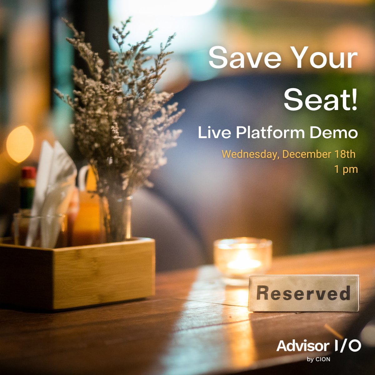 cionadvisorio's tweet photo. Grab a seat and meet our team Wednesday, December 18th at 1pm for an inside look at the content financial advisors need to effectively run their digital marketing funnel. We’re here to answer your questions and help you learn about digital marketing.

https://t.co/uUPcSBmKy3 https://t.co/sO5E0EfqsY