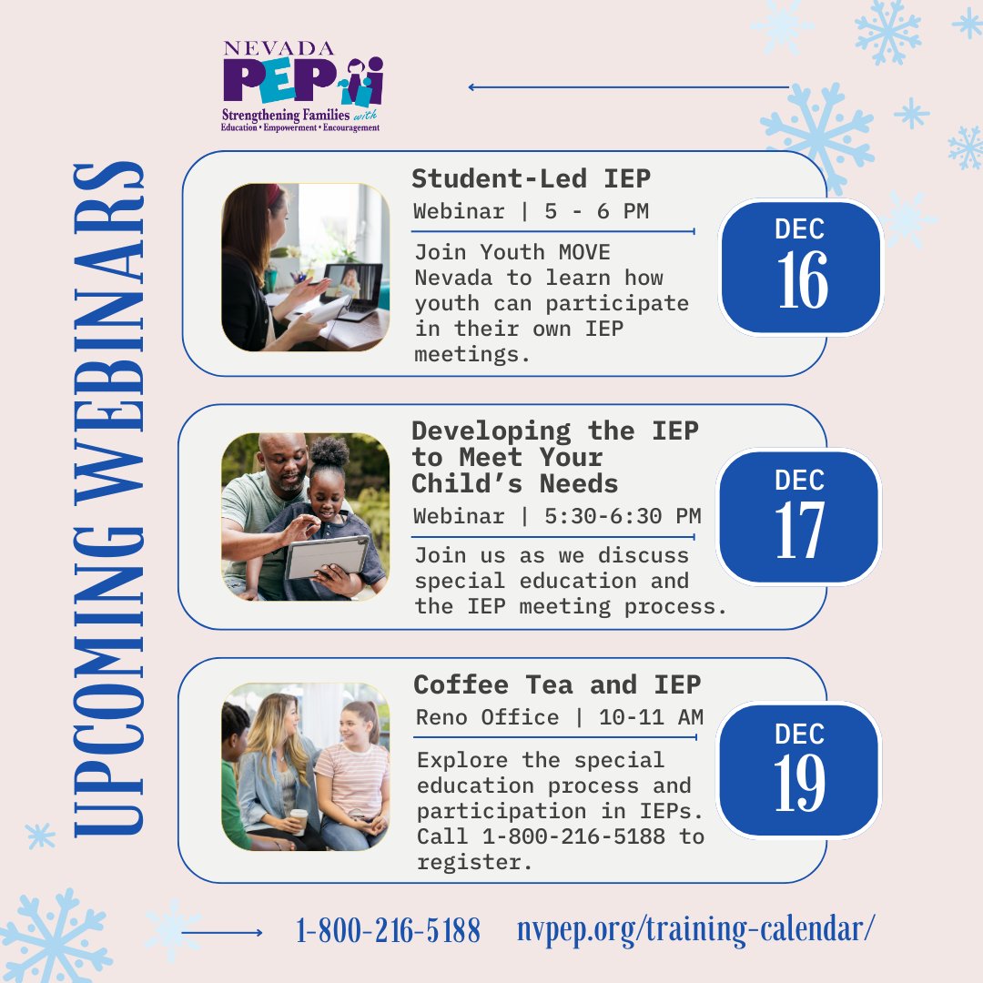 NevadaPEP's tweet photo. Join our trainings before the holiday break to gain valuable tools for supporting your children. ✨ Register at: https://t.co/8KwMK1XCxy or call 1-800-216-5188
#ParentTraining #InclusiveEducation #ParentingTips #IEP #IEPTraining #SpecialNeedsEducation #SpecialEducationResources https://t.co/B0Bai72wIl