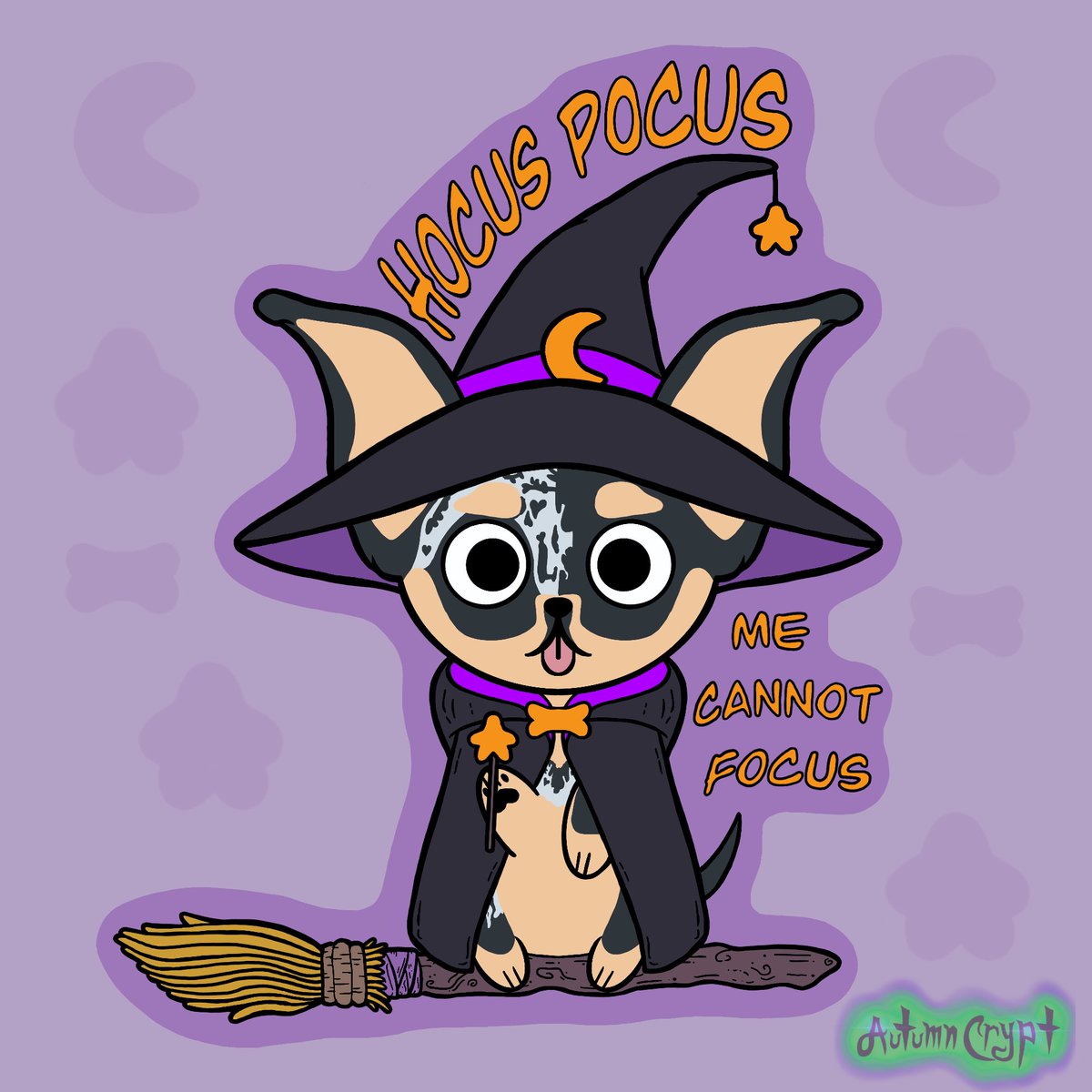 AutumnCrypt's tweet photo. Hocus Pocus me Cannot Focus. ADHD sticker featuring my doggo. 🐶🪄

#Chihuahua #Witch #Chibi #digitalart #Dog https://t.co/7ls44a7WVp