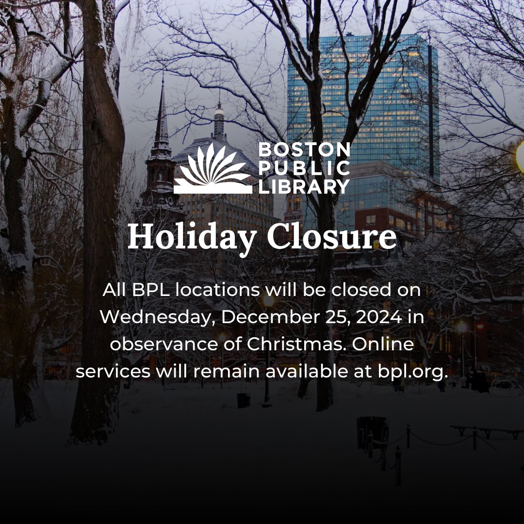 The Mattapan Branch, and all other BPL locations, will be closed today, December 25th in observance of Christmas. The Mattapan Branch will reopen at 10 AM on Thursday, December 26th. Our online services remain available at BPL.org.