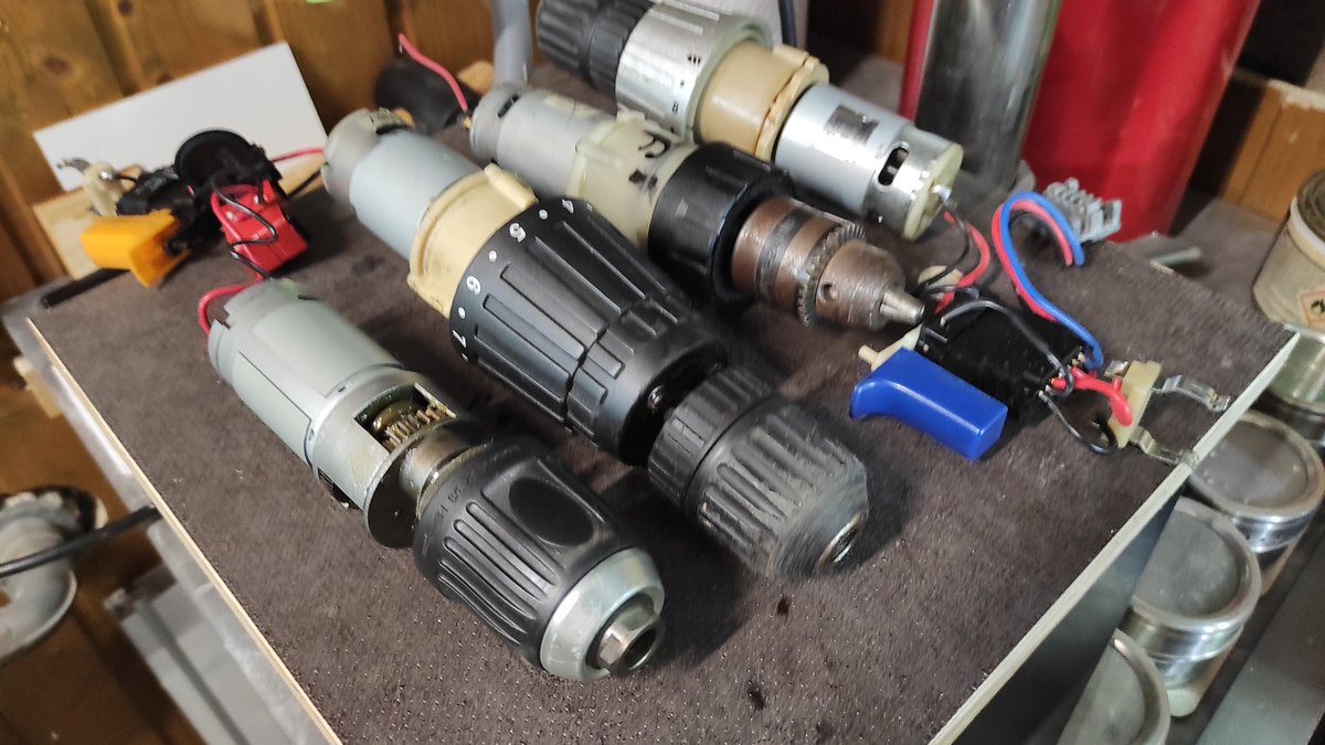 3dBacklash's tweet photo. Have been scavenging motors from a box full of old cordless drills. These are the first few and some seem to have decent gearboxes. Now the question is, what should I do with them?  Ideas?
#maker https://t.co/OEqO7REunM