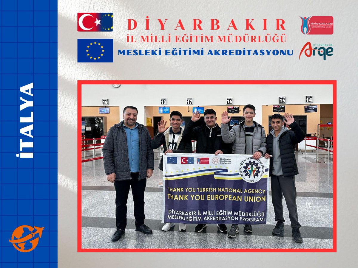 🇪🇺🇹🇷 Erasmus+ Mesleki Eğitim Akreditasyon Programı çerçevesinde 15 - 28 Aralık 2024 tarihleri arasında Staj faaliyetine katılacak olan 5 öğrenci ve 1 öğretmenimiz İtalya'ya hareket etti.

<a href="/tcmeb/">Millî Eğitim Bakanlığı</a> <a href="/Yusuf__Tekin/">Yusuf Tekin</a>
<a href="/ulusalajans/">Türkiye Ulusal Ajansı 🇹🇷 Turkish NA</a> <a href="/Murat4Kucukali/">Murat Küçükali</a>