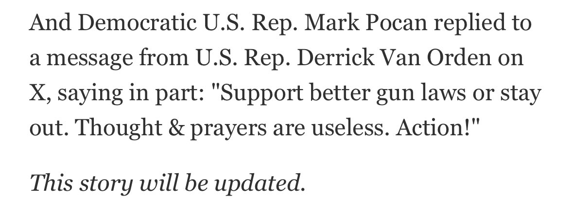 WTAF <a href="/MarkPocan/">Mark Pocan</a> ? Your FIRST thought after tragic school murders was to make a political attack on <a href="/RepVanOrden/">Rep. Derrick Van Orden Press Office</a> on GUN CONTROL—because he offered PRAYERS?! (ALCS was—like all schools—a GFZ. But you knew that.) Maybe next time START with prayers so you don’t come off like a