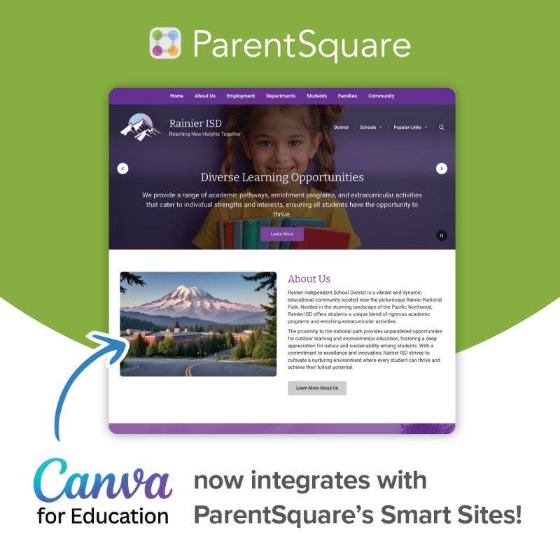 Did you hear the exciting news? Educators can now seamlessly add their saved projects from Canva for Education directly to their Smart Sites website without having to leave the ParentSquare platform. Check out the webinar with helpful tips at: links.psqr.io/3BdqEB9