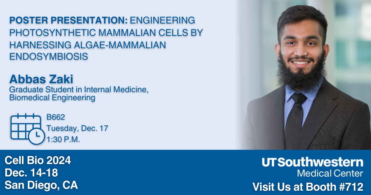 UTSWScience's tweet image. Join @postingThruPhD at poster No. B662 to see how @UTSWMedCenter engineers are developing animal cells that can photosynthesize! After, come meet our staff, students, and researchers at exhibitor booth 712!  #cellbio2024 @ASCBiology