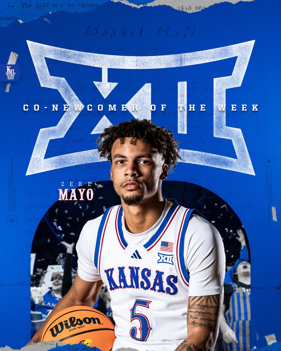 Co-Newcomer of the Week honors for Zeke 👏

More information → bit.ly/MBBBig12Awards

#RockChalk x <a href="/zekexmayo/">Zeke Mayo</a>