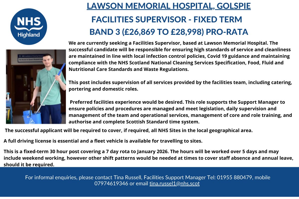 ⭐Facilities Supervisor, Fixed Term, Lawson Memorial Hospital⭐ 

Closing date:- Sunday 22nd December 2024

Apply here: apply.jobs.scot.nhs.uk/Job/JobDetail?…