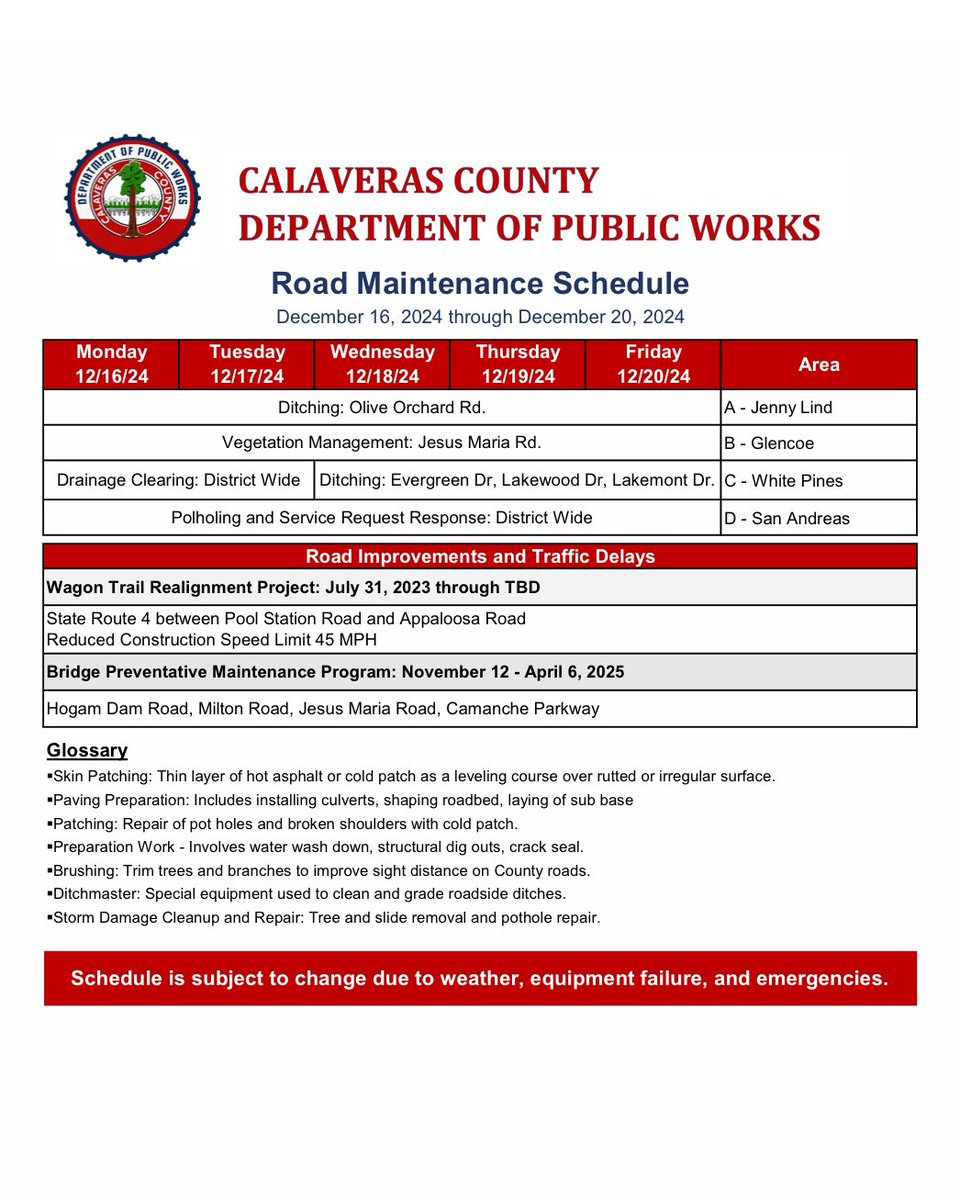 CalaverasPW's tweet photo. Here is this week’s road maintenance schedule for #CalaverasCounty. https://t.co/yoZf8DwqxL