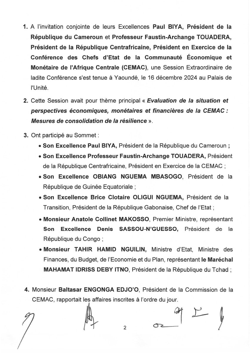 PRC_Cellcom's tweet photo. Communiqué Final du Sommet Extraordinaire de la CEMAC - Yaoundé, le 16 décembre 2024.

#CEMAC
#PaulBiya
#Cameroun
#Cameroon 
1/3 https://t.co/3IE6hf4cbg