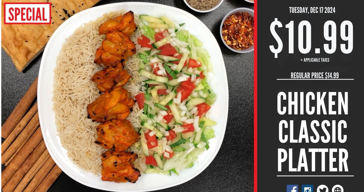 LittleKabulfood's tweet photo. "Indulge in our Chicken Kabob Classic Platter for just $10.99! 📣 Available only on Tuesday, Dec 17th, 2024. Don't miss out on this delicious deal! Visit https://t.co/wNoukWI0qg for more details." https://t.co/rGnHOmdPIF