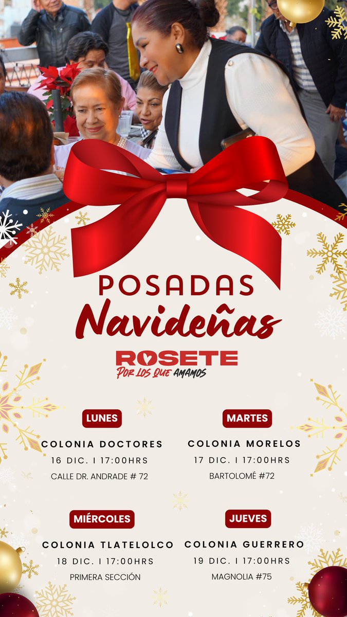 MariaRoseteMx's tweet photo. ¡Nos vemos esta semana en las Posadas #ROSETE! 🪅🎄 Invita a toda tu familia, juntos festejemos la alegría y la felicidad que nos une un año más.
¡Nos vemos hoy en la Colonia Doctores en punto de las 17:00hrs! ♥️🎉🍾 https://t.co/zvRe5QlFEO