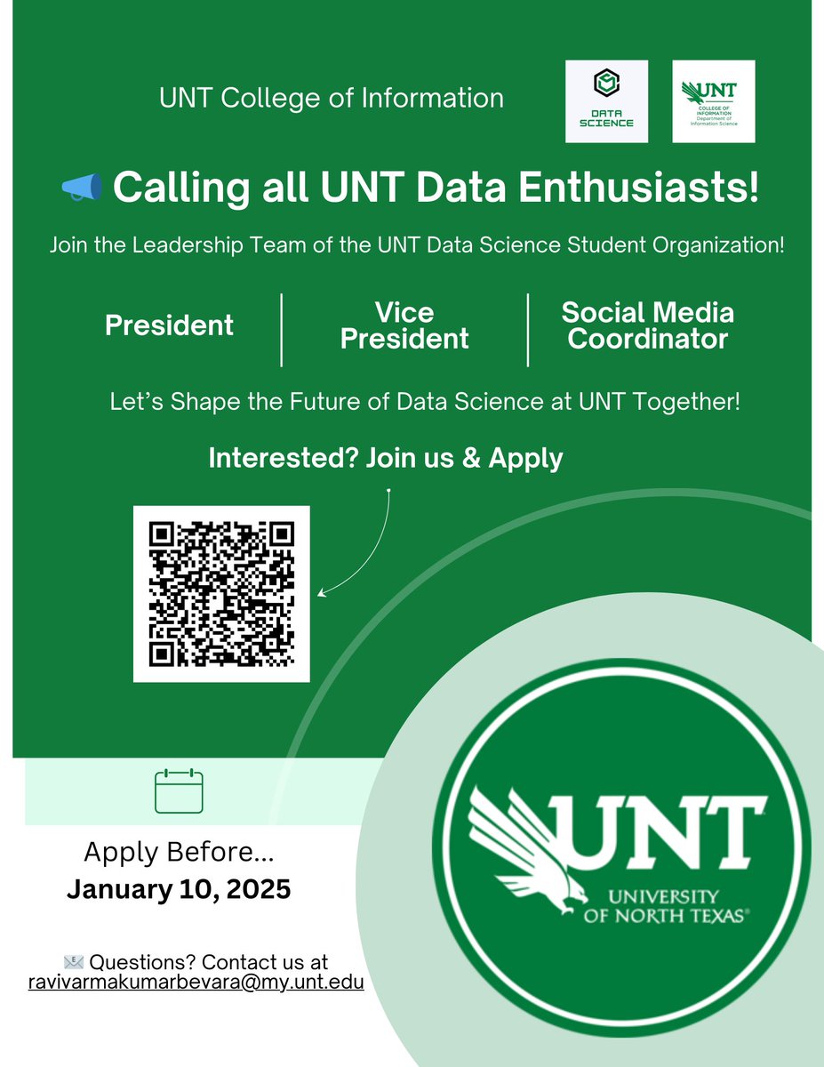 data_unt's tweet photo. 🚨 Calling All UNT Data Enthusiasts! 🚨

Ready to lead, inspire, and make an impact? Apply now for officer roles in the UNT Data Science Student Organization! ✨

📅 January 10, 2025

👉 Apply Here: https://t.co/WhV7uNWY1w

👀 Check the poster for details!

#DataScience #UNT https://t.co/PNv1aRmro3