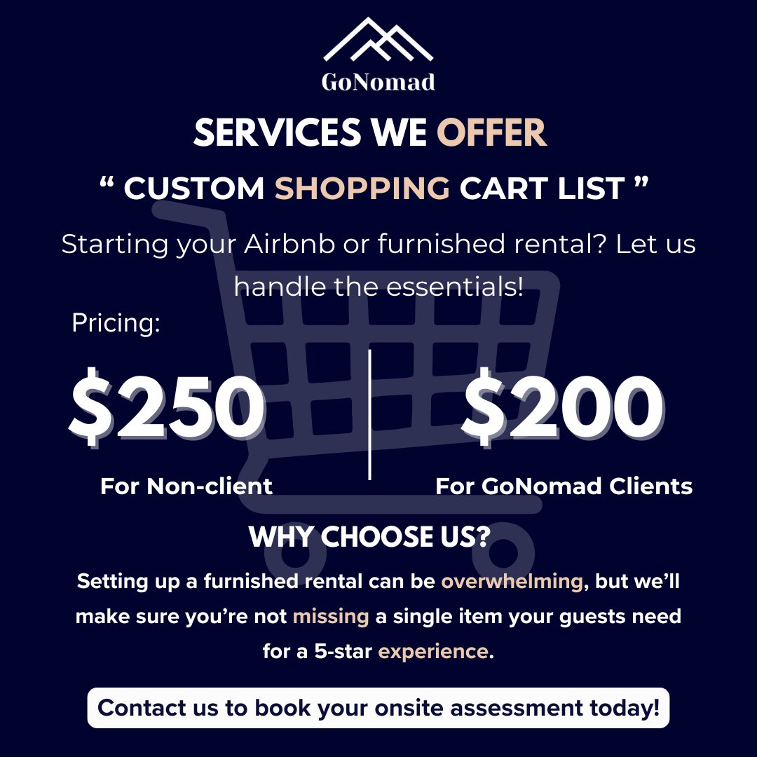 GoNomadStays's tweet photo. GoNomad Services: Custom Shopping Cart List 🛒✨

Starting your Airbnb or furnished rental? Let us take care of the essentials so you don't miss a thing!

💰 Pricing:

$250 for Non-Clients
$200 for GoNomad Clients
🛋️ Why Choose Us?
Setting up a furnished rental can feel overwhelming, but we’ll ensure every item needed for a 5-star guest experience is covered.
📞 Contact us today to book your onsite assessment!
#GoNomadManagement #AirbnbSetup #StressFreeHosting