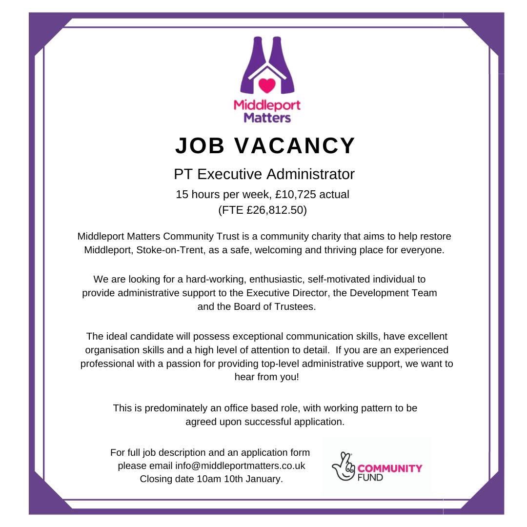 Middleport Matters Community Trust (@middleport_st6) on Twitter photo Please share!
⬇️ We are looking for an experienced administrator to join the Middleport Matters team as an Executive Administrator.
📧 If you would like more information, including the full job description and application form, please email info@middleportmatters.co.uk Please share!
⬇️ We are looking for an experienced administrator to join the Middleport Matters team as an Executive Administrator.
📧 If you would like more information, including the full job description and application form, please email info@middleportmatters.co.uk