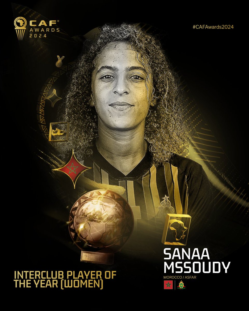 CAF_Online's tweet photo. A star, that's just who she is! 🌟 

𝐒𝐚𝐧𝐚𝐚 𝐌𝐬𝐬𝐨𝐮𝐝𝐲 is the Women’s Interclub Player of the year! ✨

#CAFAwards2024 https://t.co/DnJlVgUDjt