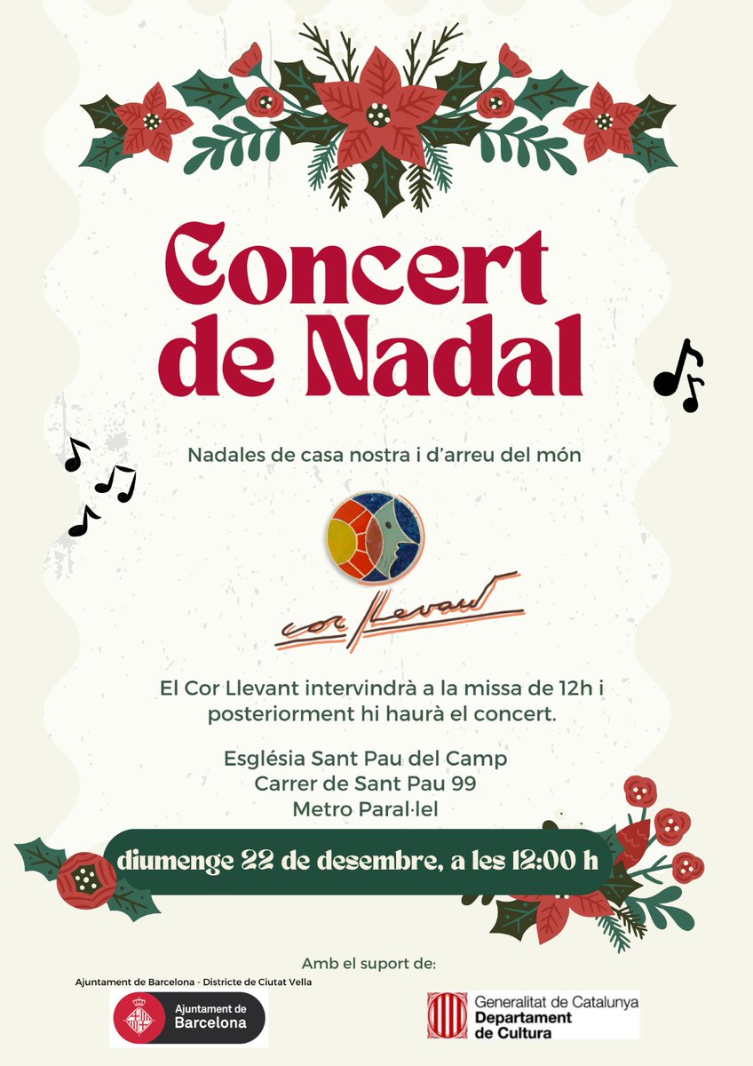 El diumenge 22 de desembre, a les 12 h, us esperem a l'antic Monestir de Sant Pau del Camp on cantarem a la missa i després oferirem el tradicional concert de Nadal amb un repertori de Nadales d'arreu. 💛💛💛💛💛