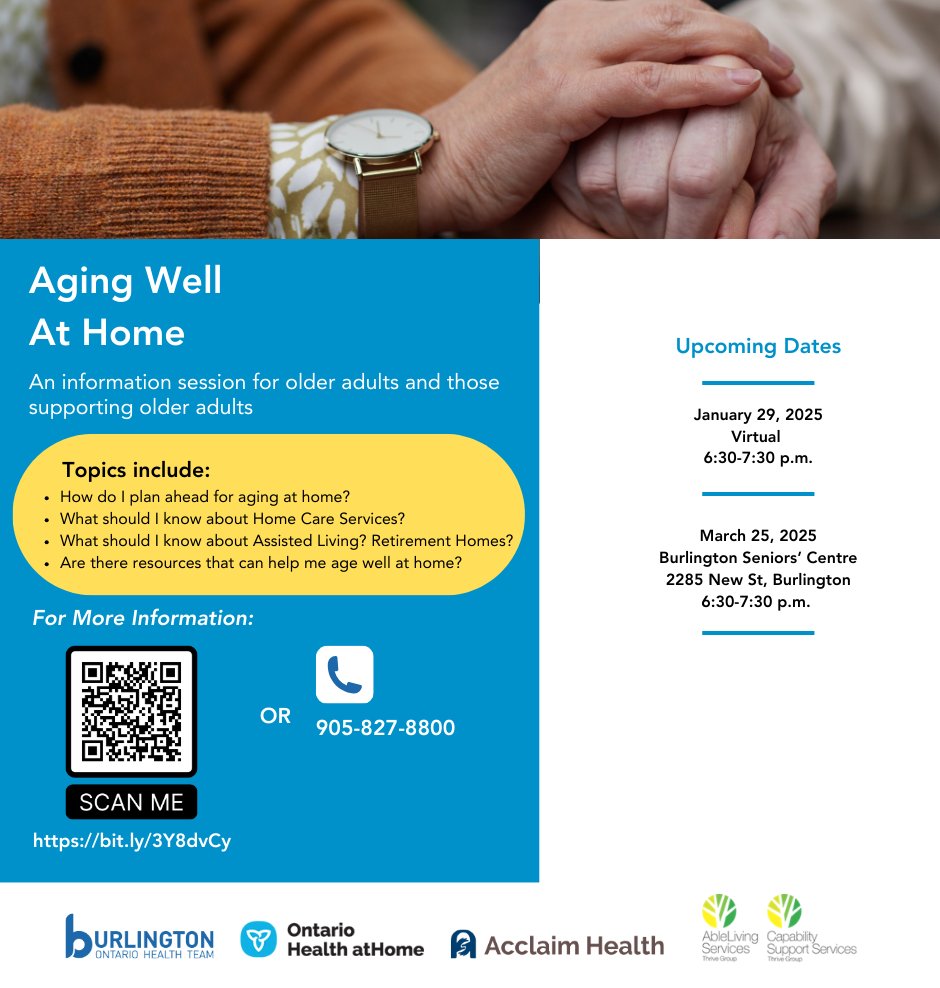 Burlington Ontario Health Team (@burlingtonoht) on Twitter photo Join us for an info session for older adults and those supporting older adults to learn more about Aging Well At Home🏠!
The next session will take place virtually on Jan. 29.
Here’s the link to register ➡️ acclaimhealth.ca/programs/home-…
<a href="/AcclaimHealth/">Acclaim Health</a> Join us for an info session for older adults and those supporting older adults to learn more about Aging Well At Home🏠!
The next session will take place virtually on Jan. 29.
Here’s the link to register ➡️ acclaimhealth.ca/programs/home-…
<a href="/AcclaimHealth/">Acclaim Health</a>