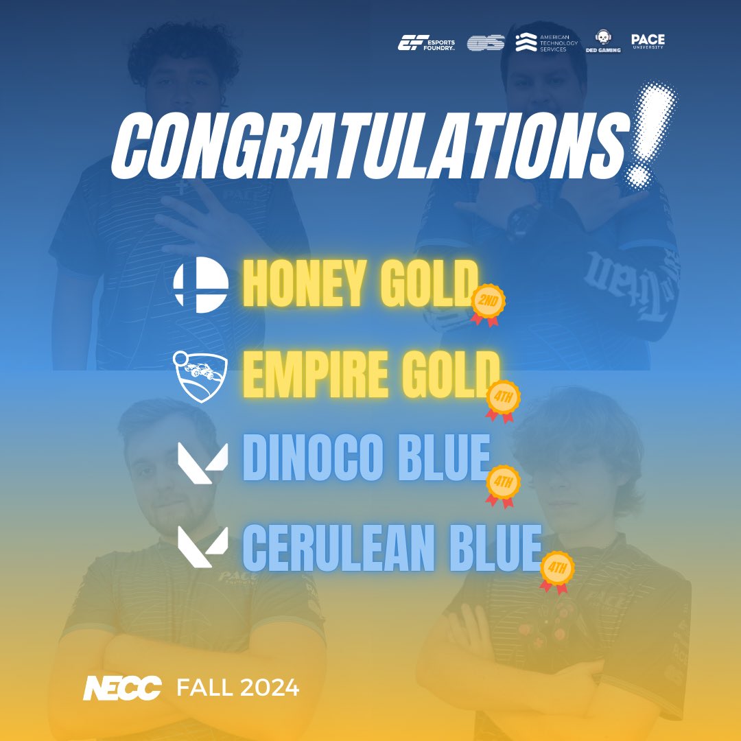 PaceUEsports's tweet photo. Congratulations to Honey Gold (SSBU), Empire Gold (RL), Dinoco Blue (VAL), and Cerulean Blue (VAL) for placing🏅in the @neccgames Fall 2024 season! 

See ya’ll in the Spring 💐

#GoPace #GoSetters 💙💛 https://t.co/aQZXQyZvr4