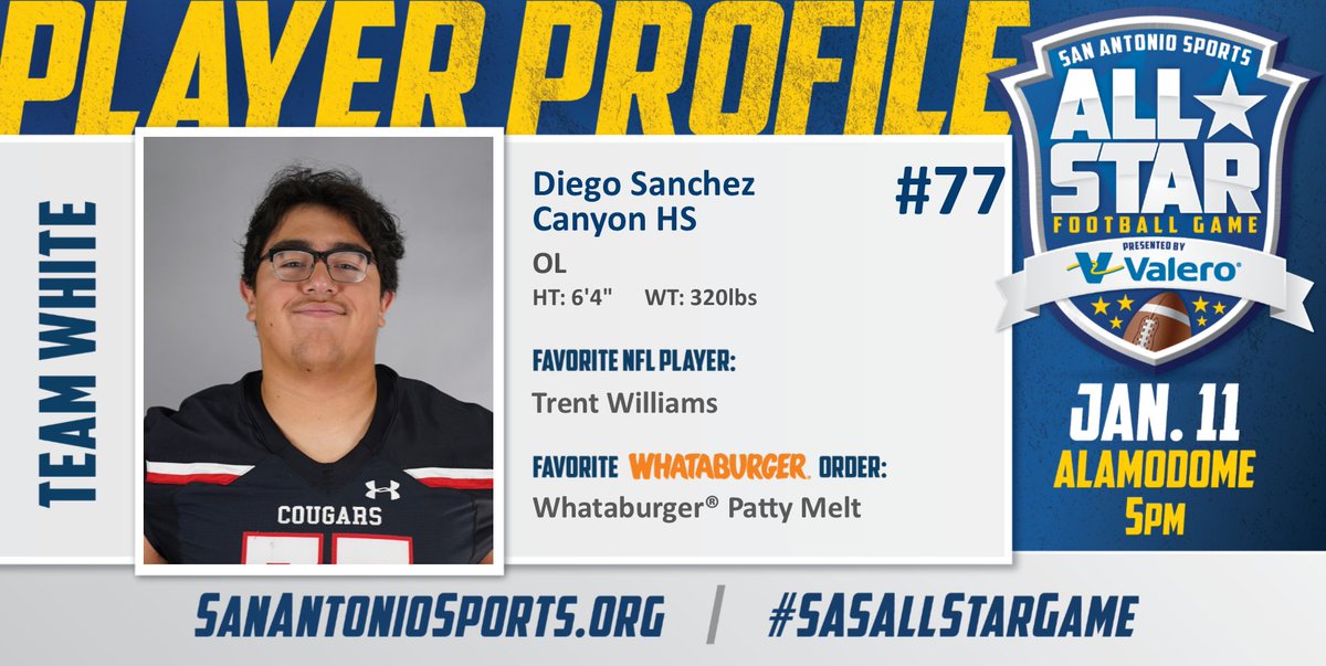 SA_Sports's tweet photo. Meet @CCDiegosanchez from @canyonhscougars who will compete in the San Antonio Sports All-Star Football Game pres. by @ValeroEnergy at the Alamodome on Jan. 11! #SASAllStarGame @Whataburger @TrentW71 

@cisdnews 
@AthleticsCanyon https://t.co/AJayAf17rd