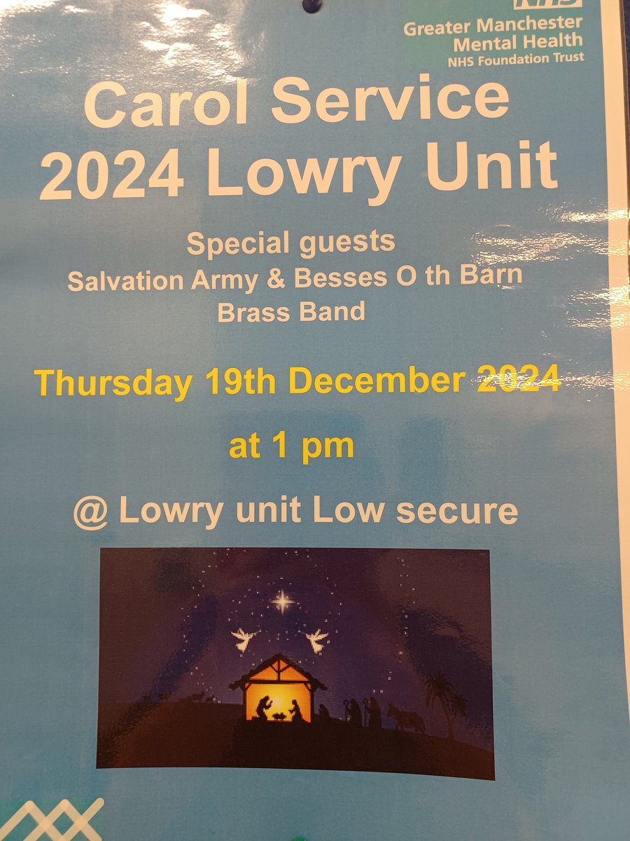 LisaS823024566's tweet photo. #AFS #GMMH so looking forward to The Lowry Units Carol Service with special guests. A great big thankyou to our Recovery Pathway Workers @Amy_Lowry_ and @JanNewlands for organising. Looking forward to the patient experience feedback #itsnearlychristmas
@CathyLovatt1 https://t.co/RBLzp5QsZR